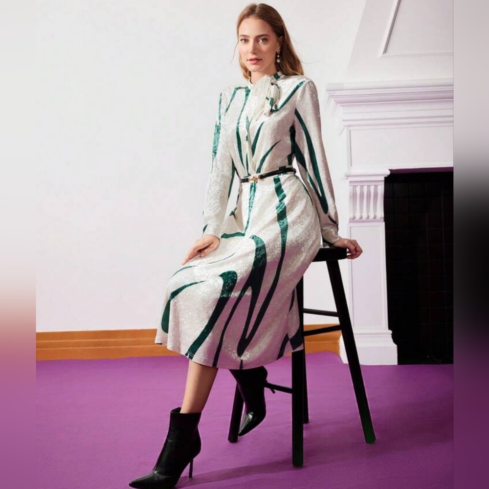 MOTF PREMIUM ABSTRACT VELVET TIE-NECK DRESS